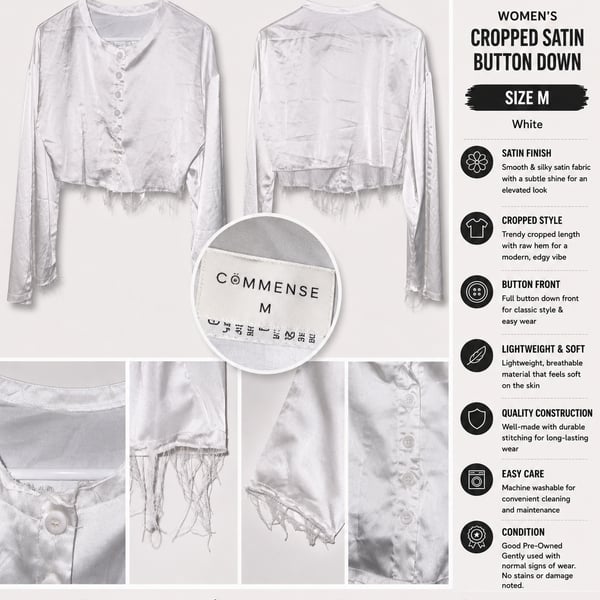 Cömmonse Women's Cropped Satin Button Down Shirt in White, Size M