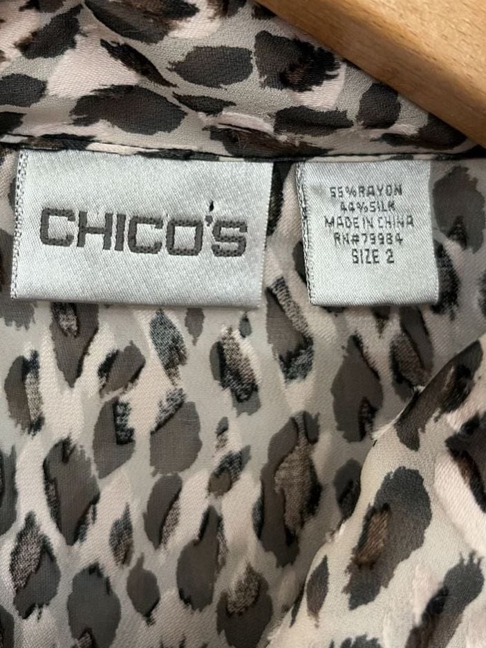 Chico's Sheer Leopard Print Long Sleeve Button Down Blouse Size 2 3