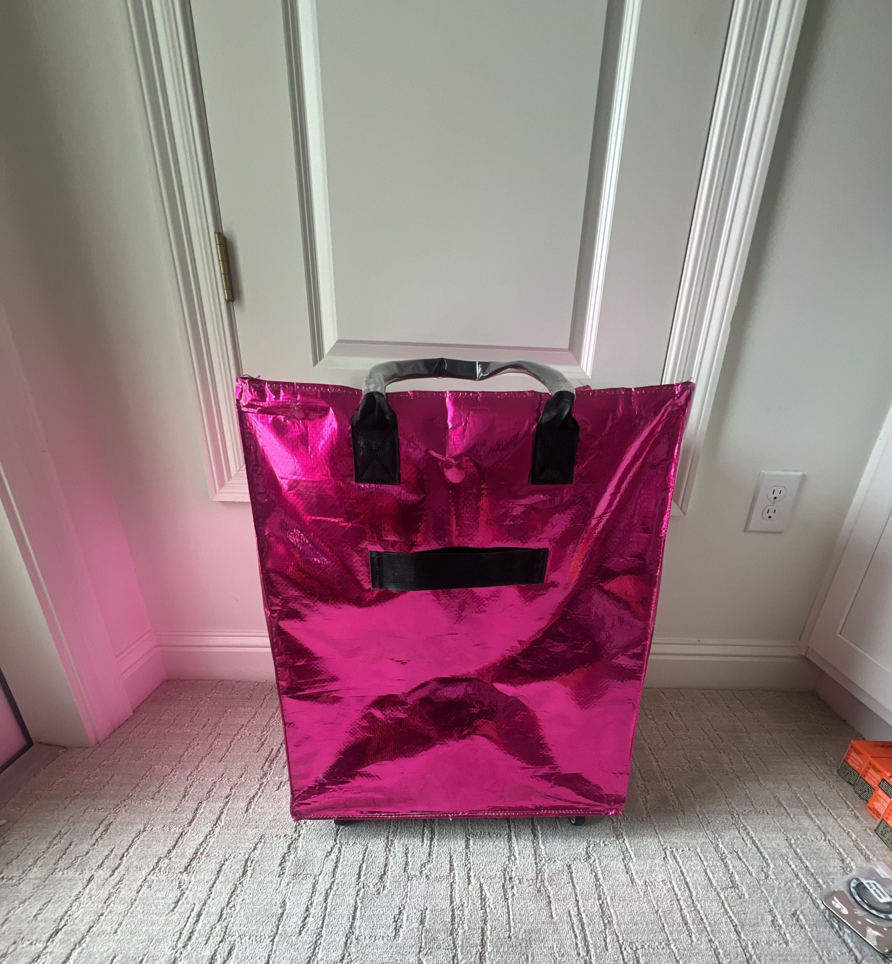Zoey & Zuri Rolling Bag - Metallic Pink Collapsible Shopping Tote 2
