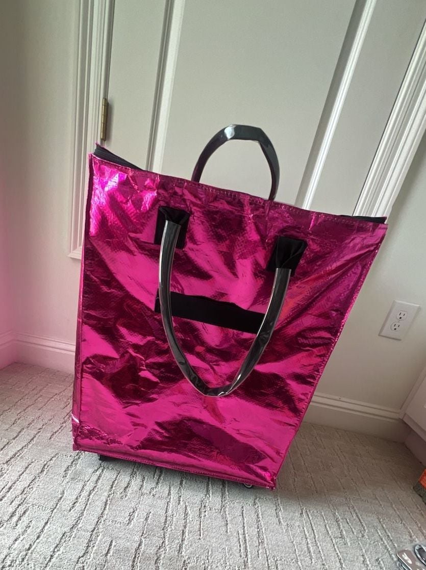 Zoey & Zuri Rolling Bag - Metallic Pink Collapsible Shopping Tote 3