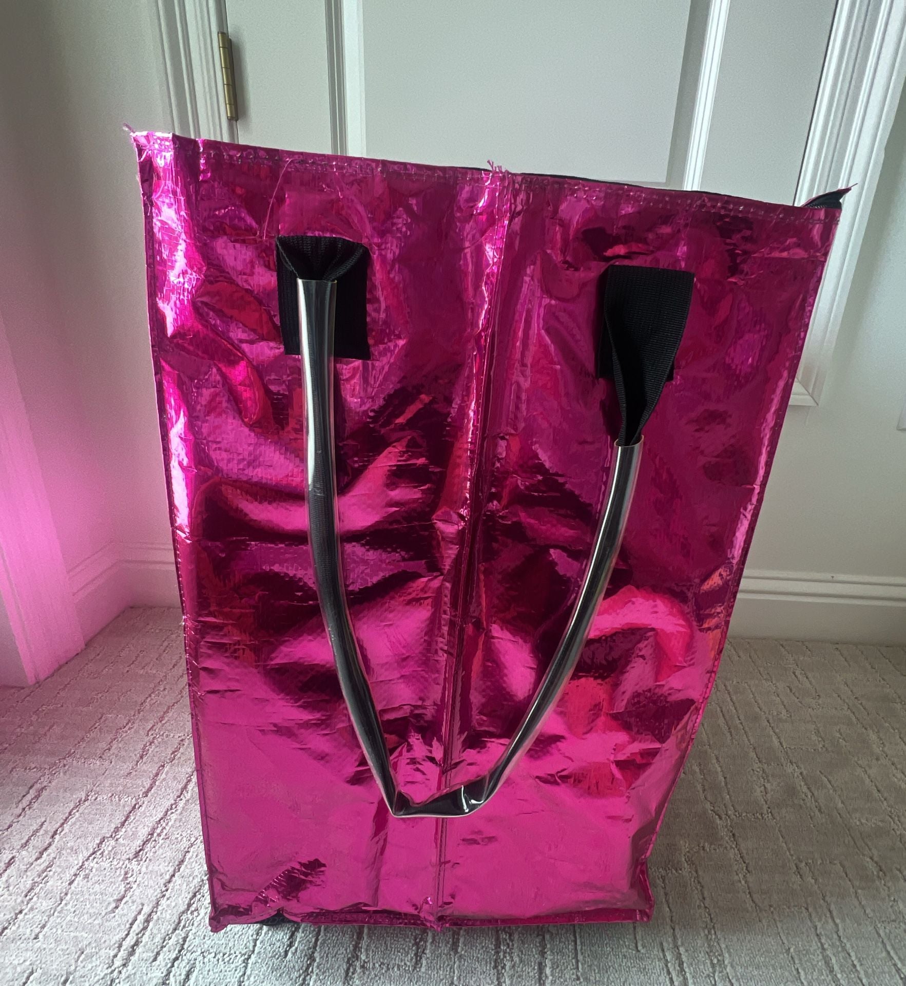Zoey & Zuri Rolling Bag - Metallic Pink Collapsible Shopping Tote 7
