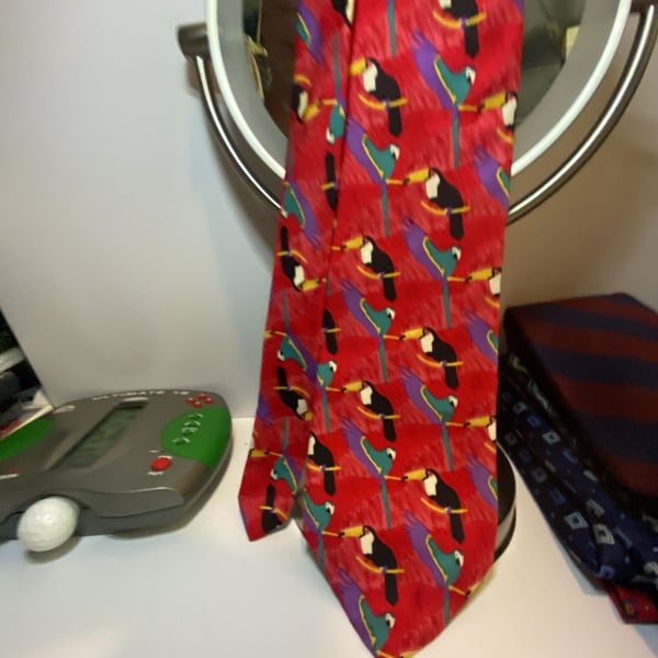 Vintage World Wildlife Fund Toucan and Parrot Print Silk Necktie