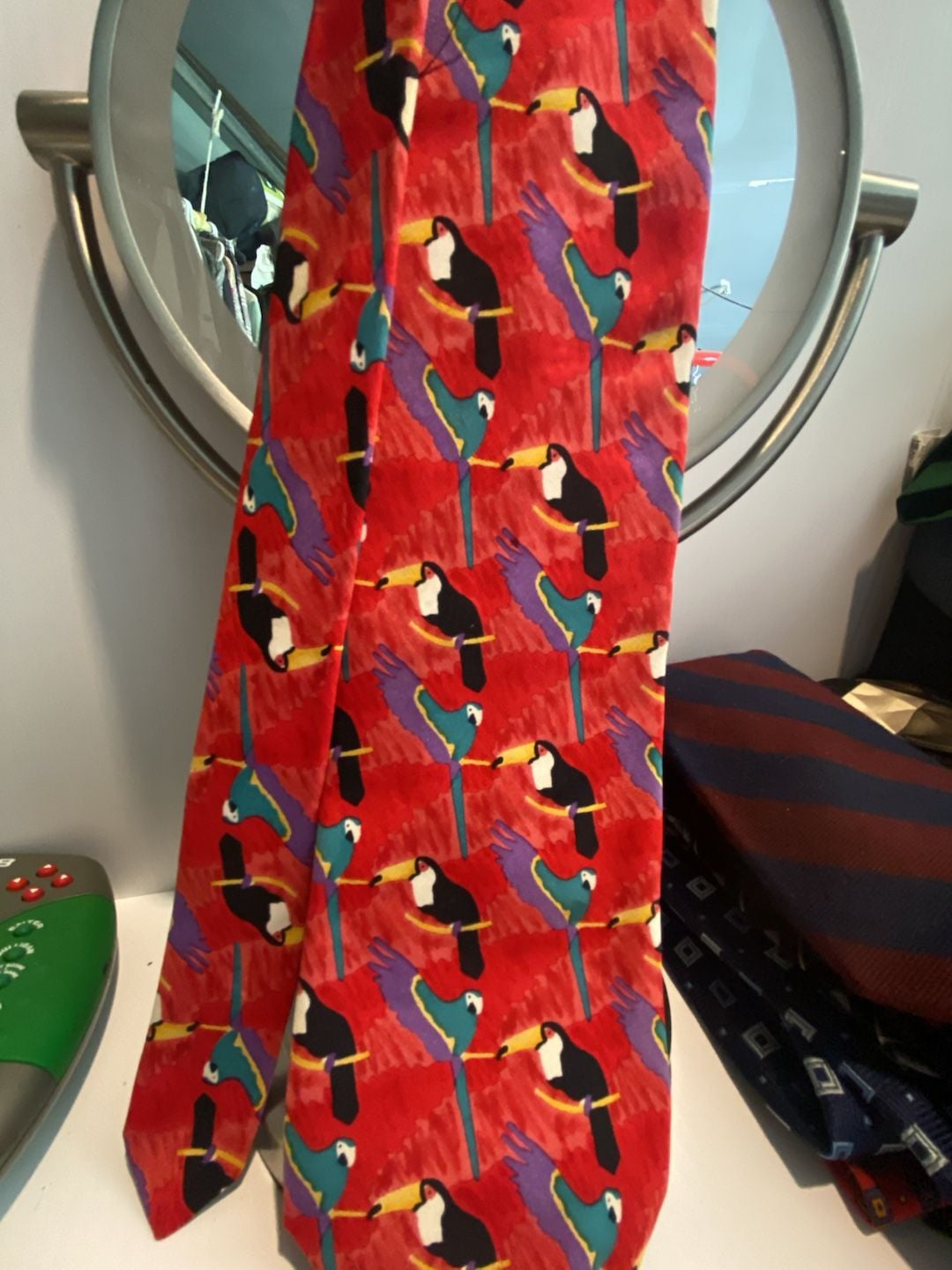 Vintage World Wildlife Fund Toucan and Parrot Print Silk Necktie 3