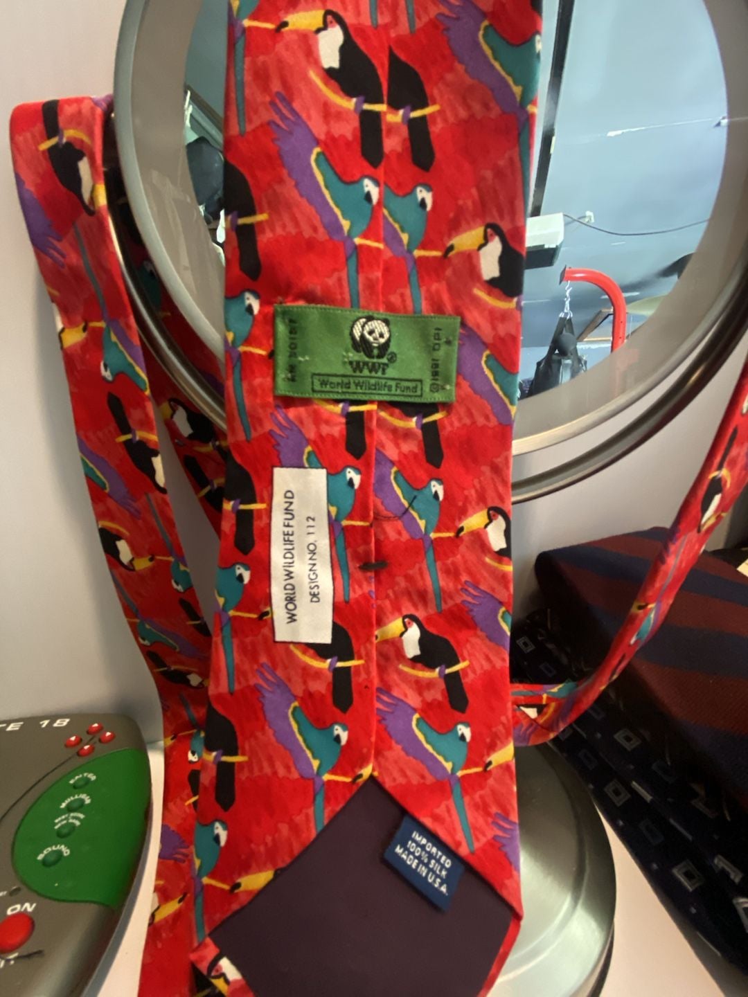 Vintage World Wildlife Fund Toucan and Parrot Print Silk Necktie 4