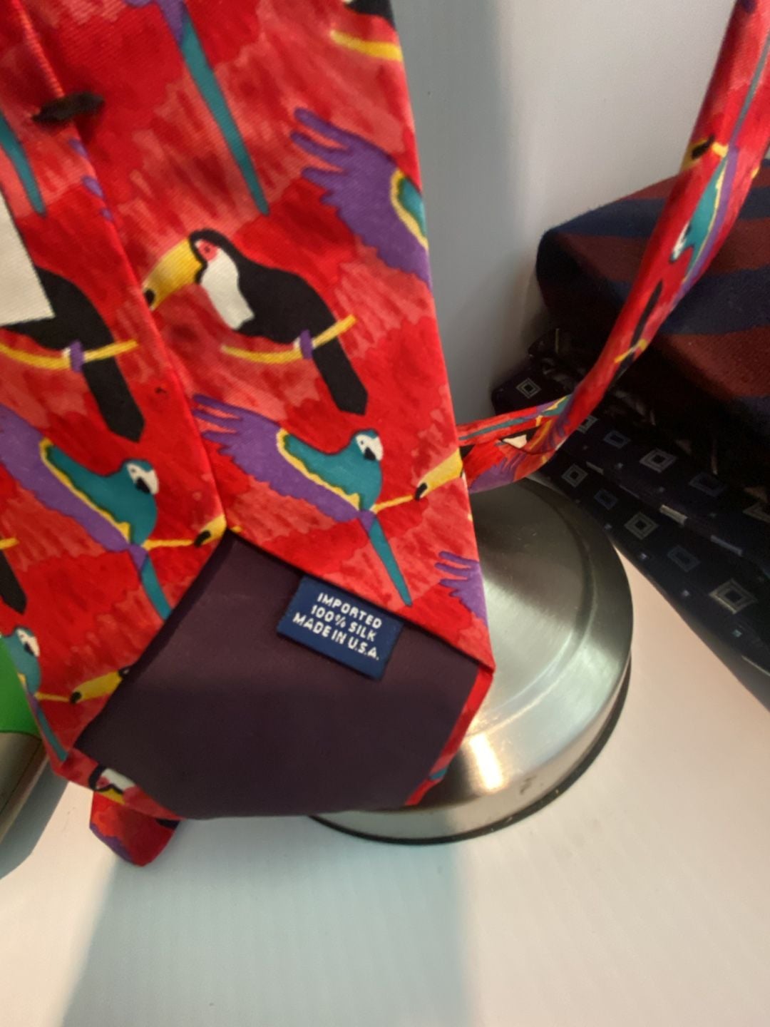 Vintage World Wildlife Fund Toucan and Parrot Print Silk Necktie 5