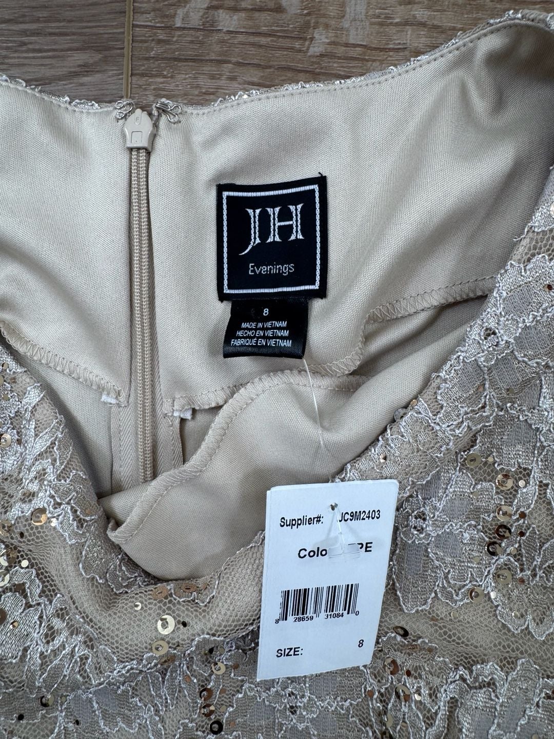 JH Evenings Taupe Sequin Lace Sheath Dress 3/4 Sleeve Cocktail Size 8 NWT 5