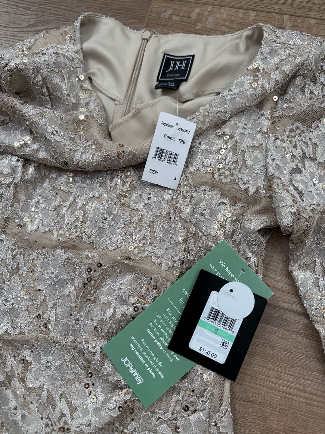 JH Evenings Taupe Sequin Lace Sheath Dress 3/4 Sleeve Cocktail Size 8 NWT 7