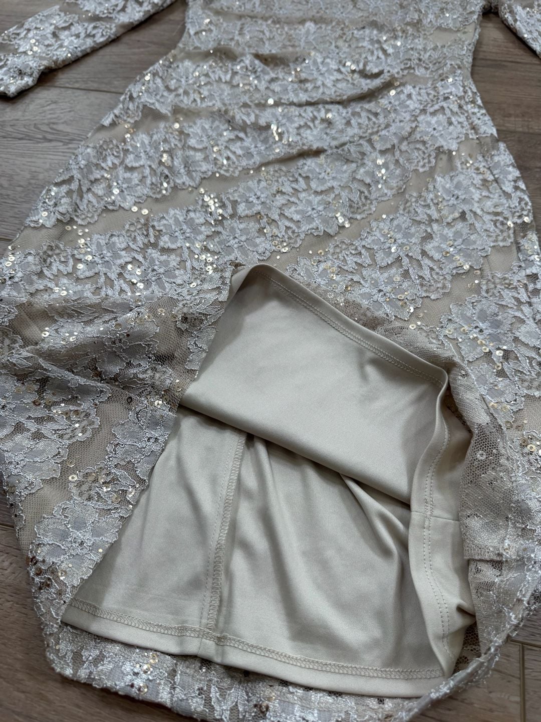 JH Evenings Taupe Sequin Lace Sheath Dress 3/4 Sleeve Cocktail Size 8 NWT 13