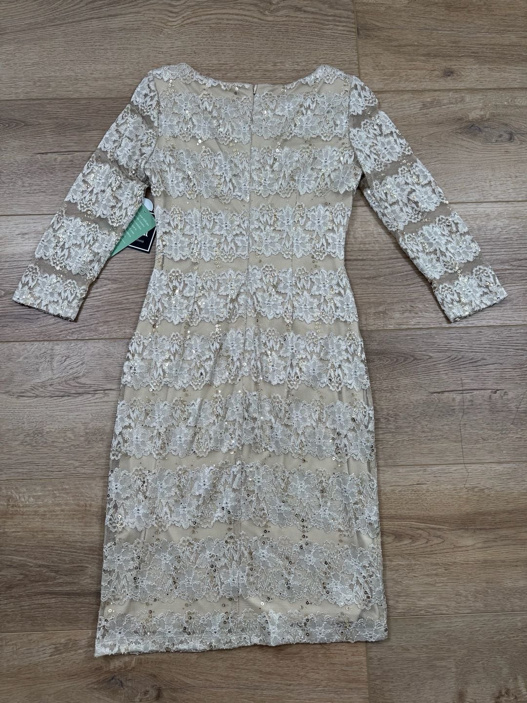 JH Evenings Taupe Sequin Lace Sheath Dress 3/4 Sleeve Cocktail Size 8 NWT 15