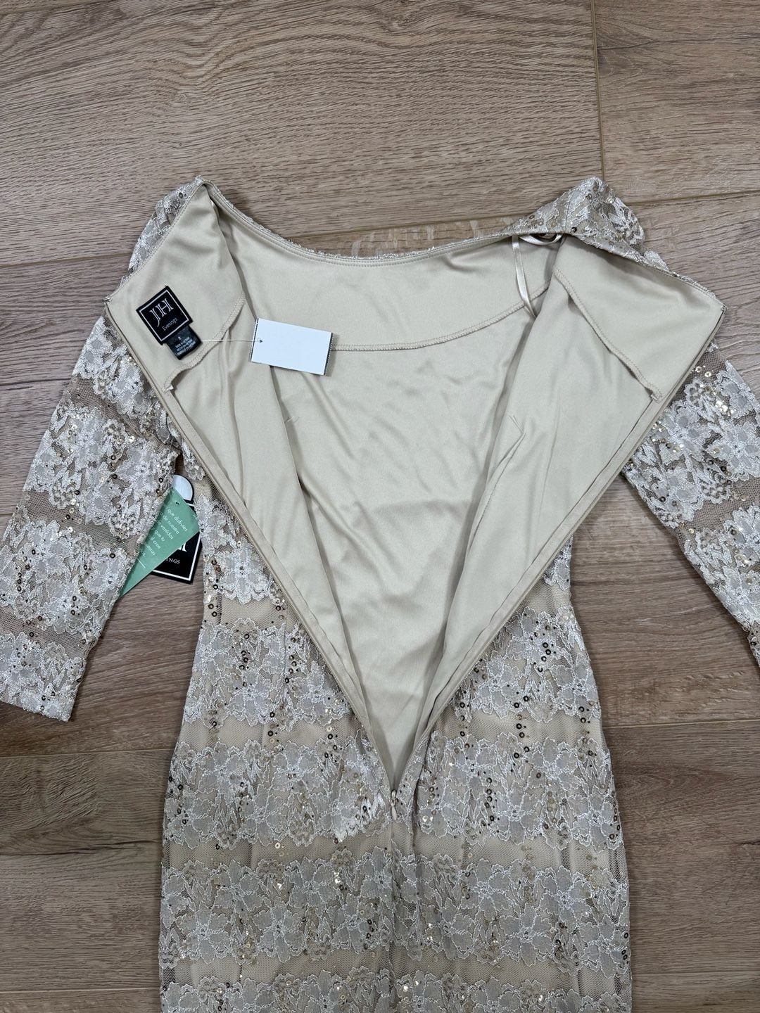 JH Evenings Taupe Sequin Lace Sheath Dress 3/4 Sleeve Cocktail Size 8 NWT 16