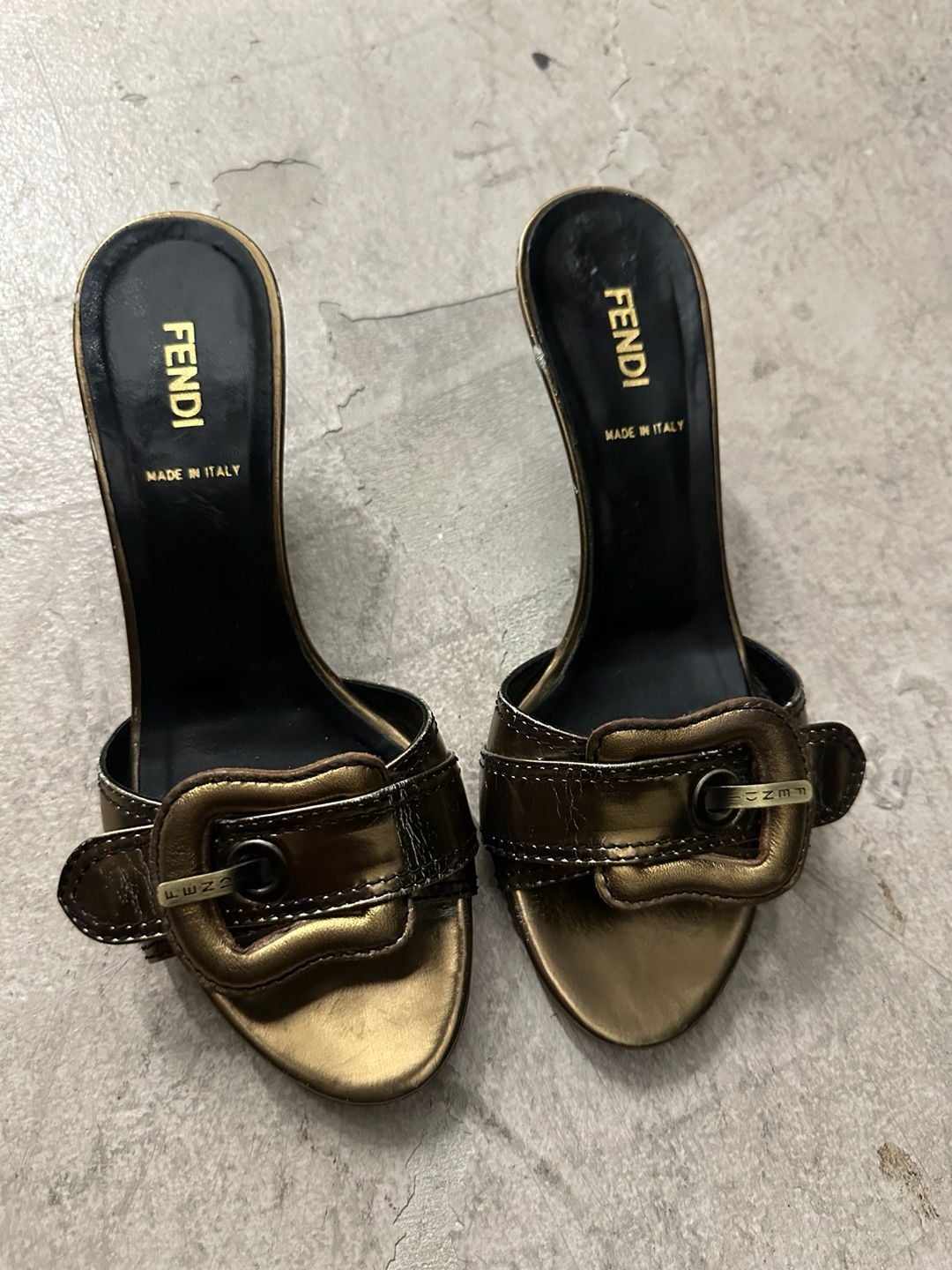 Fendi Metallic Gold Leather Kitten Heel Buckle Mules 1