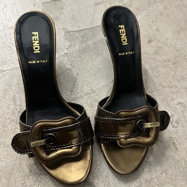Fendi Metallic Gold Leather Kitten Heel Buckle Mules