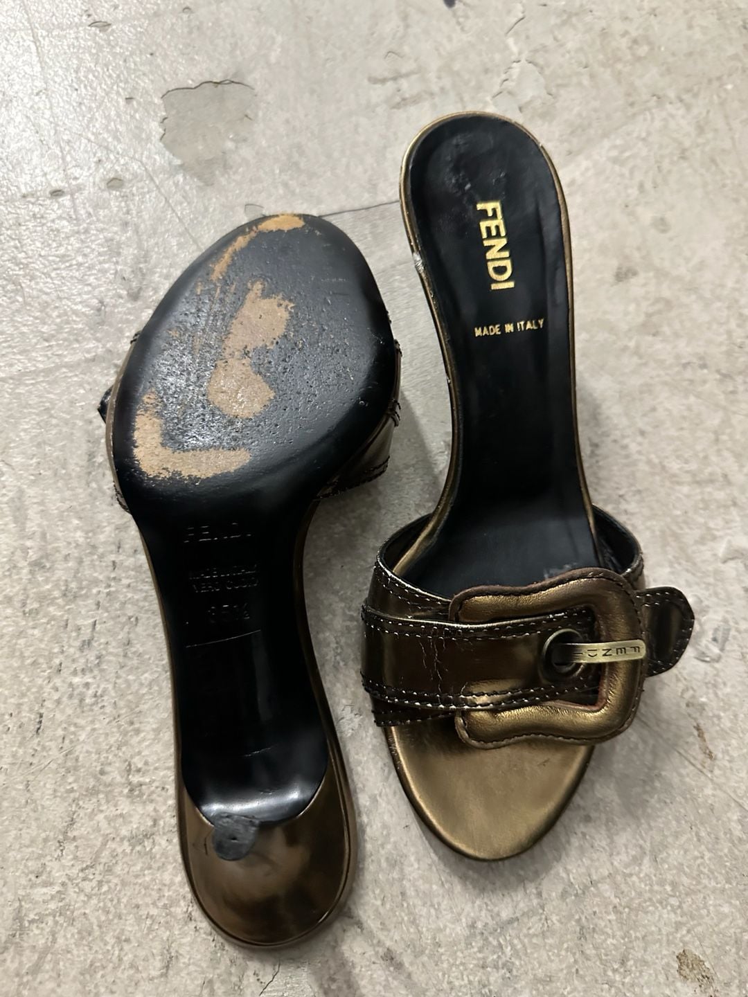 Fendi Metallic Gold Leather Kitten Heel Buckle Mules 2