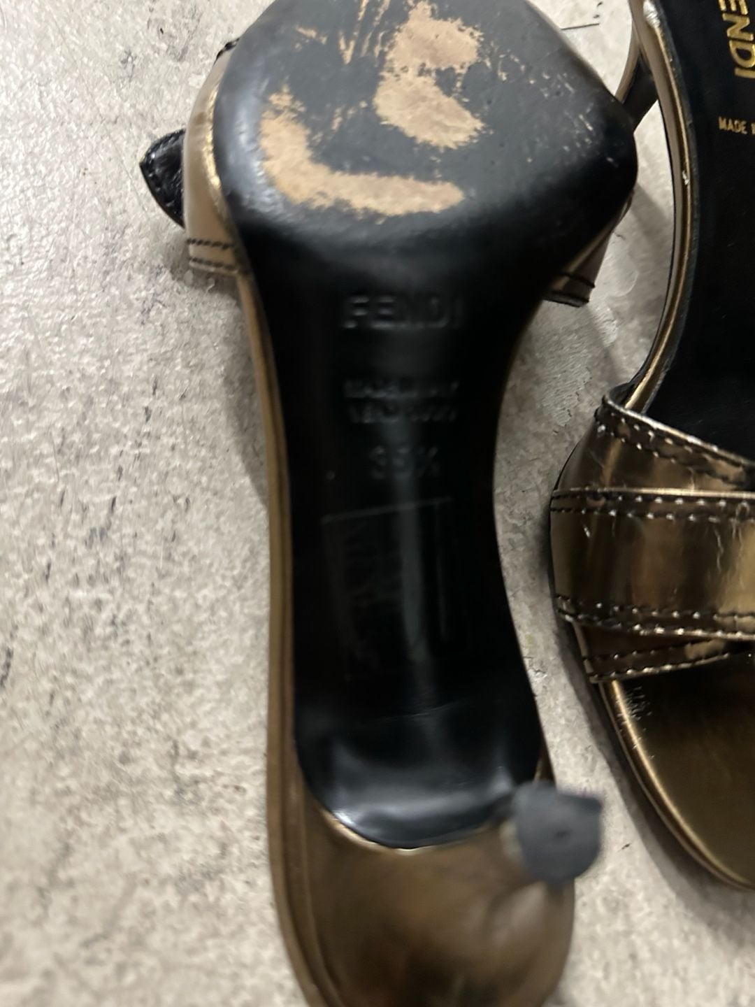 Fendi Metallic Gold Leather Kitten Heel Buckle Mules 3