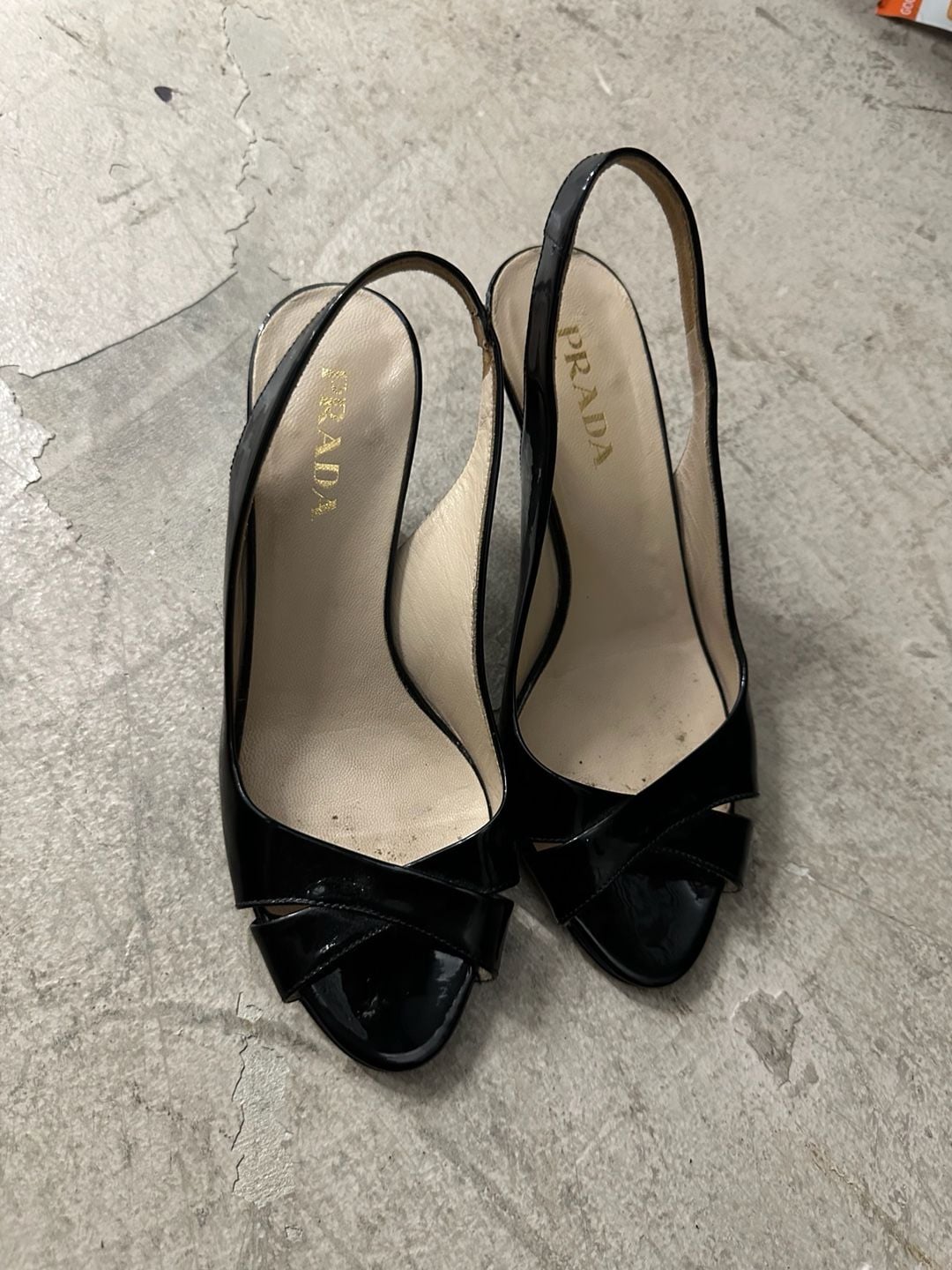 Prada Black Patent Leather Slingback Peep-Toe Heels 2