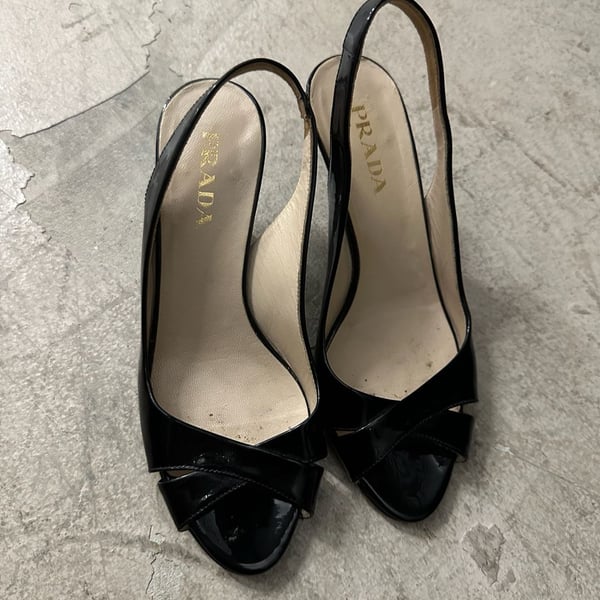 Prada Black Patent Leather Slingback Peep-Toe Heels