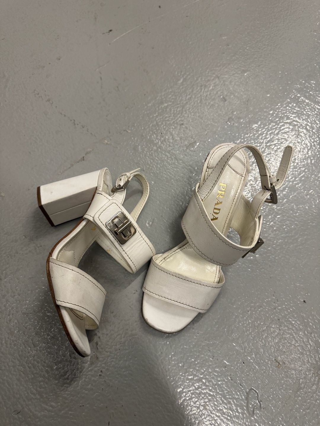 Prada Women's White Leather Block Heel Sandals with Buckle Detail 1