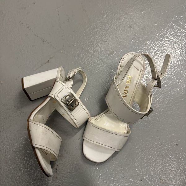 Prada Women's White Leather Block Heel Sandals with Buckle Detail