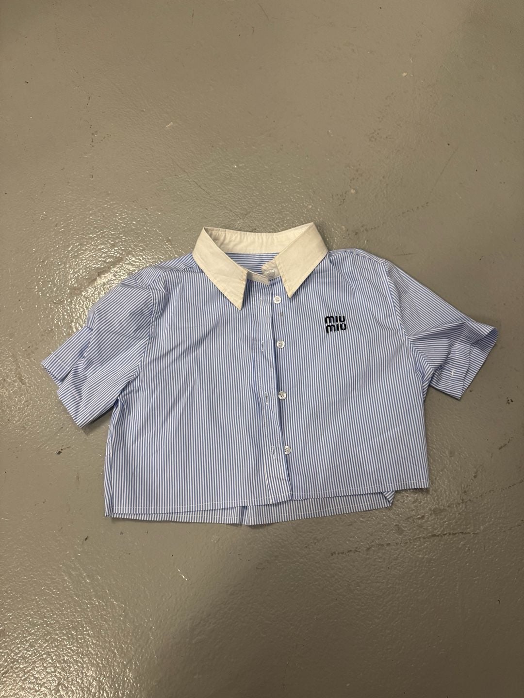 Miu Miu Cropped Striped Poplin Shirt with Embroidered Logo 2
