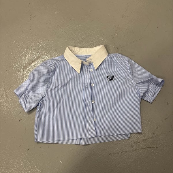 Miu Miu Cropped Striped Poplin Shirt with Embroidered Logo