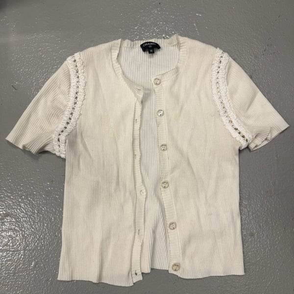 Chanel Ribbed Cotton Short Sleeve Button-Down Cardigan