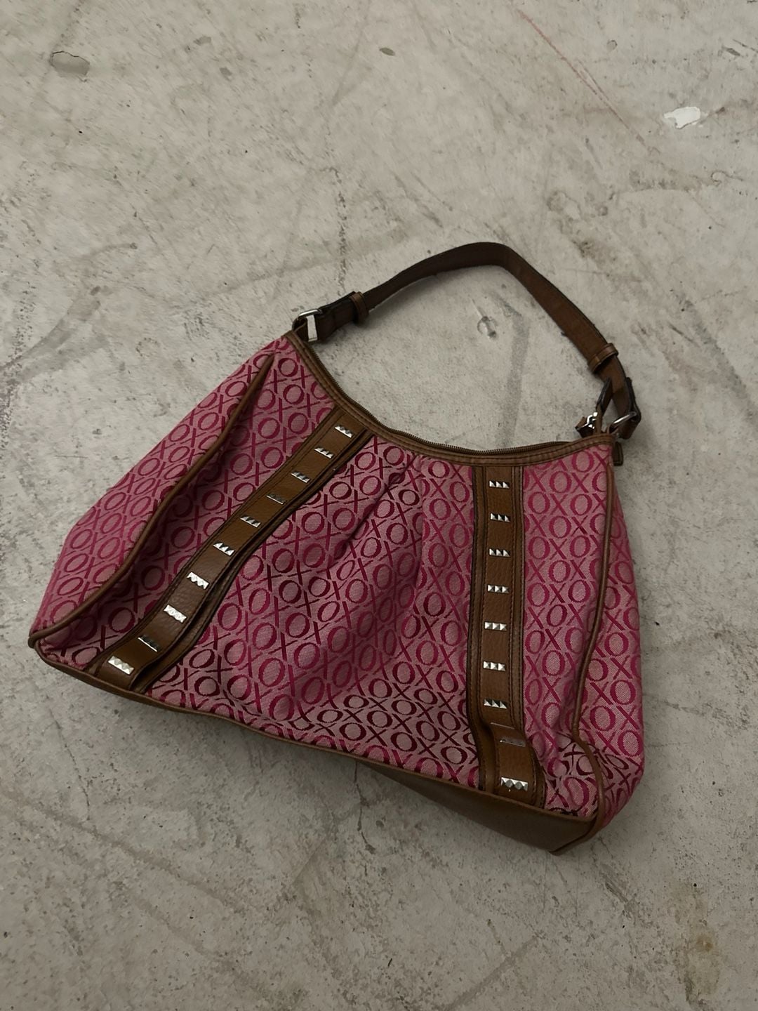 XOXO Monogram Pink and Brown Studded Shoulder Bag 1