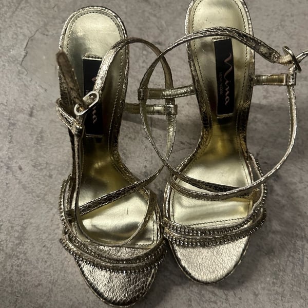 Nina New York Gold Snakeskin Embellished Strappy High Heel Sandals
