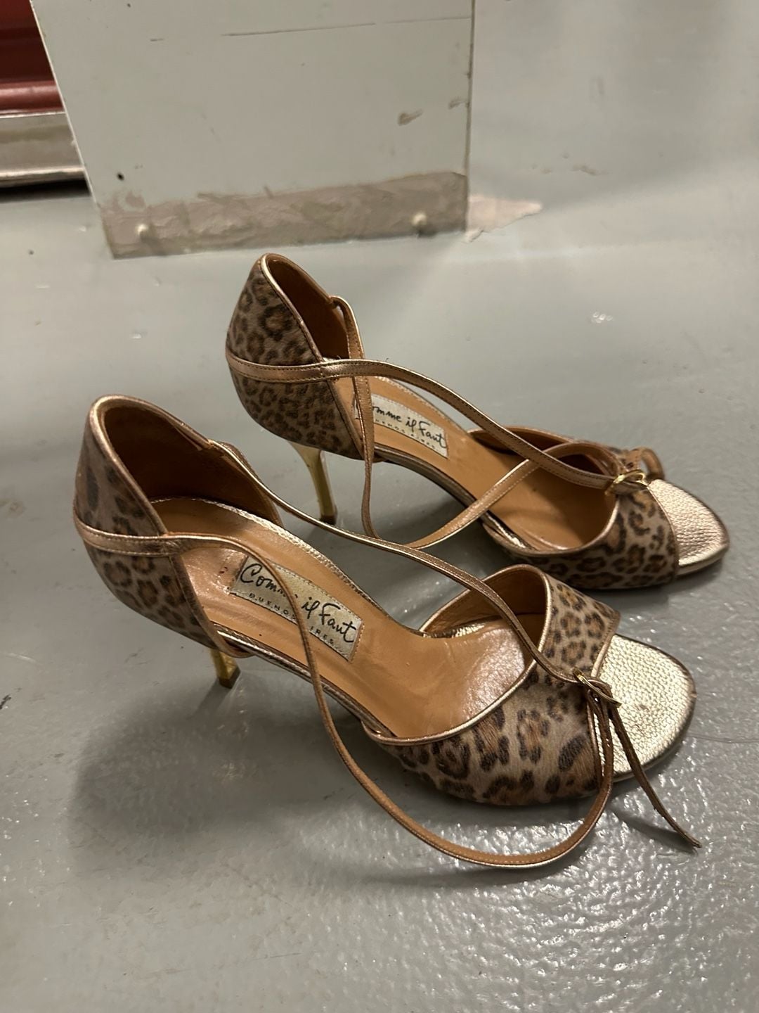Comme il Faut Leopard Print and Metallic Gold Stiletto Tango Sandals 1