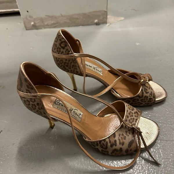 Comme il Faut Leopard Print and Metallic Gold Stiletto Tango Sandals