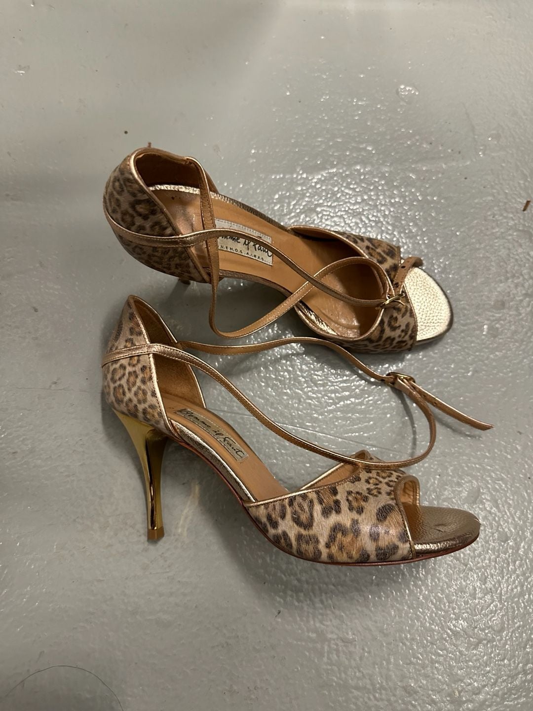 Comme il Faut Leopard Print and Metallic Gold Stiletto Tango Sandals 2