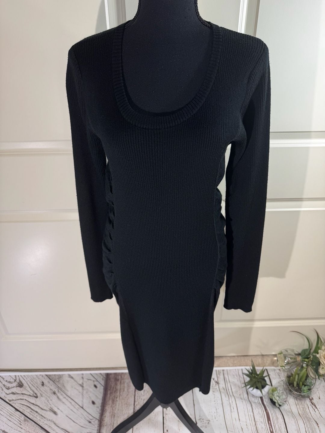Calvin Klein Ribbed Wool Blend Knit Bodycon Sweater Dress with Ruched Sides Med 2