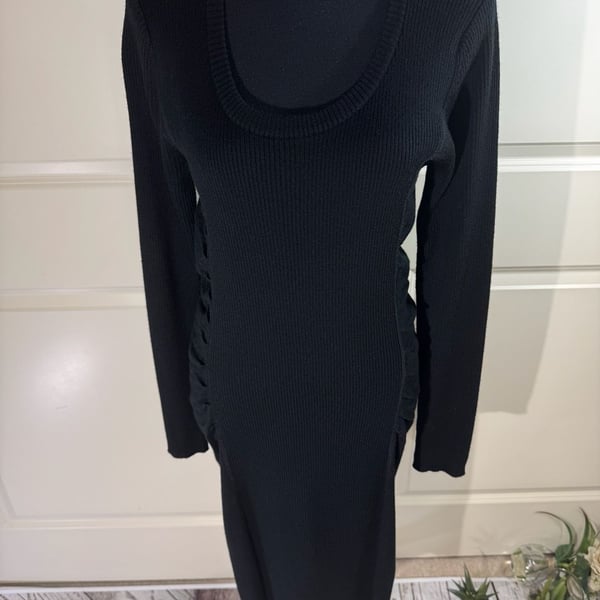 Calvin Klein Ribbed Wool Blend Knit Bodycon Sweater Dress with Ruched Sides Med