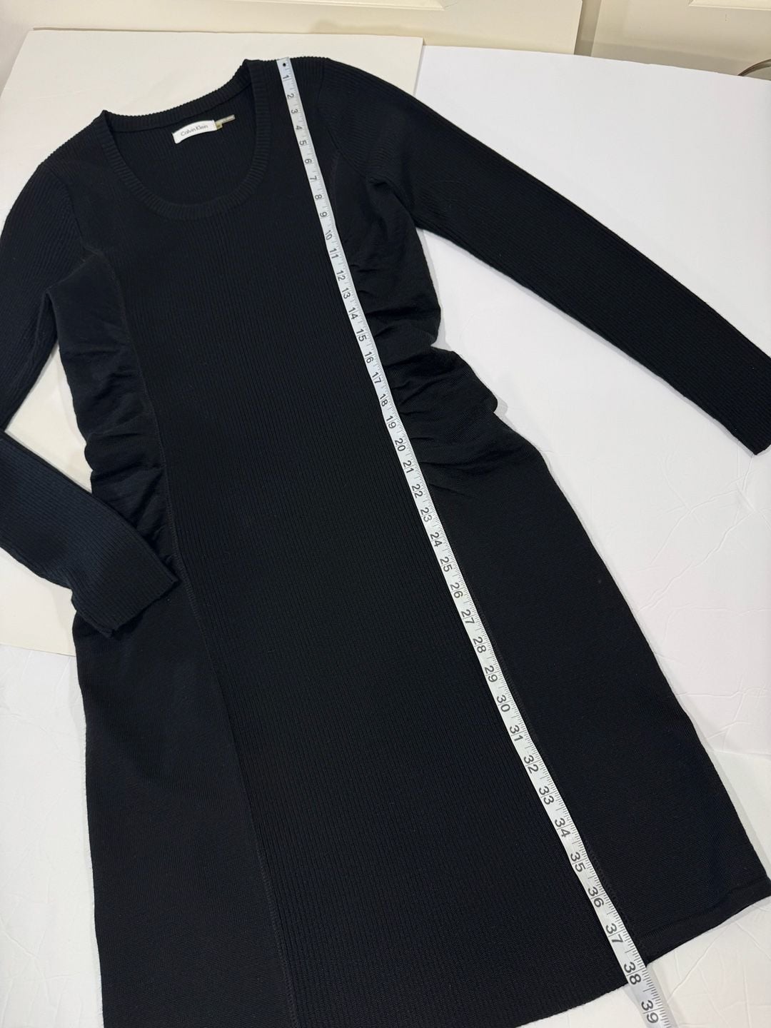 Calvin Klein Ribbed Wool Blend Knit Bodycon Sweater Dress with Ruched Sides Med 5