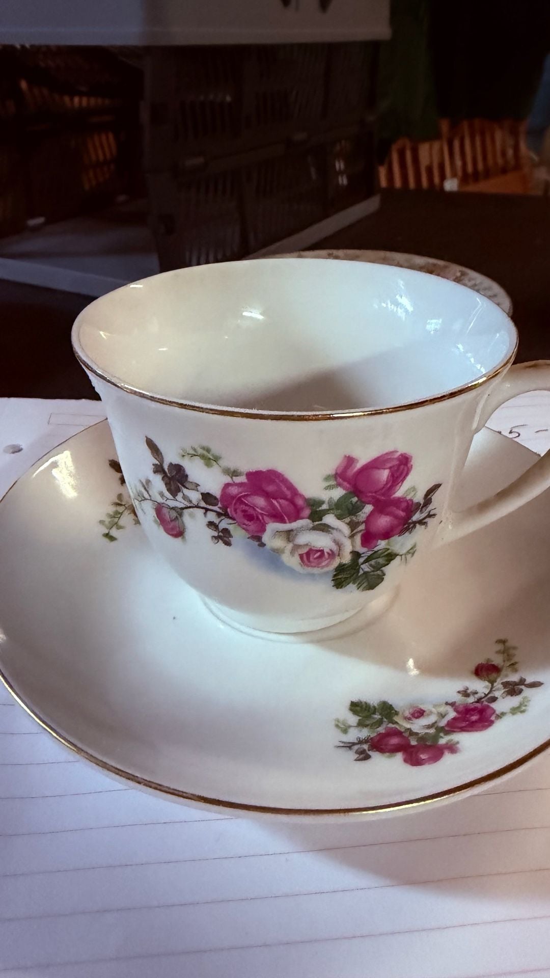 Vintage Floral Tea Cup & Saucer Set Pink Roses Gold Trim Porcelain Made in China 1