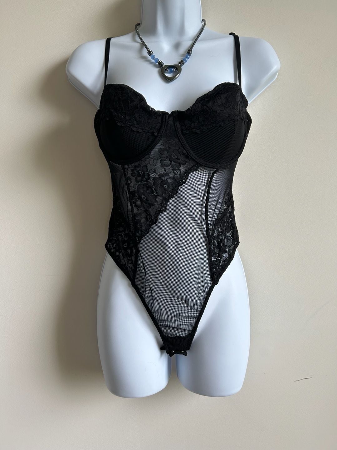 Garage Black Lace and Mesh Bodysuit with Adjustable Straps 2
