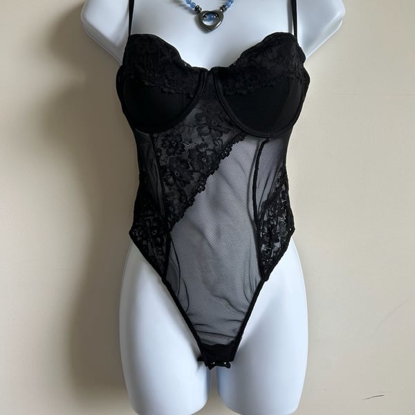 Garage Black Lace and Mesh Bodysuit with Adjustable Straps