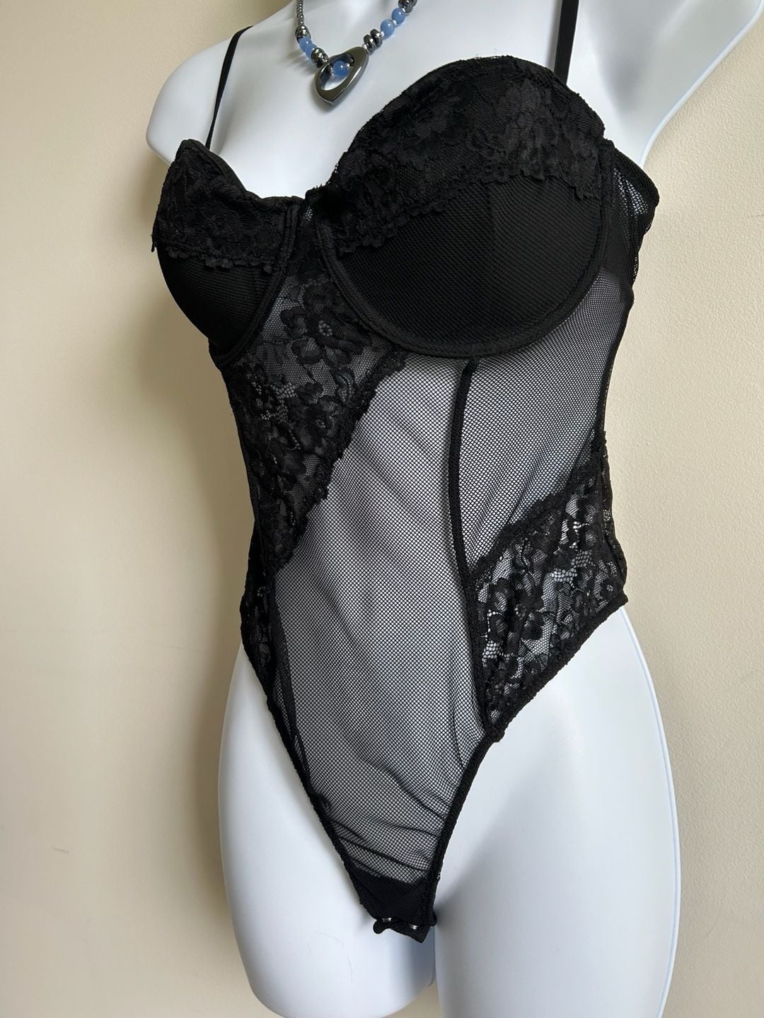 Garage Black Lace and Mesh Bodysuit with Adjustable Straps 3