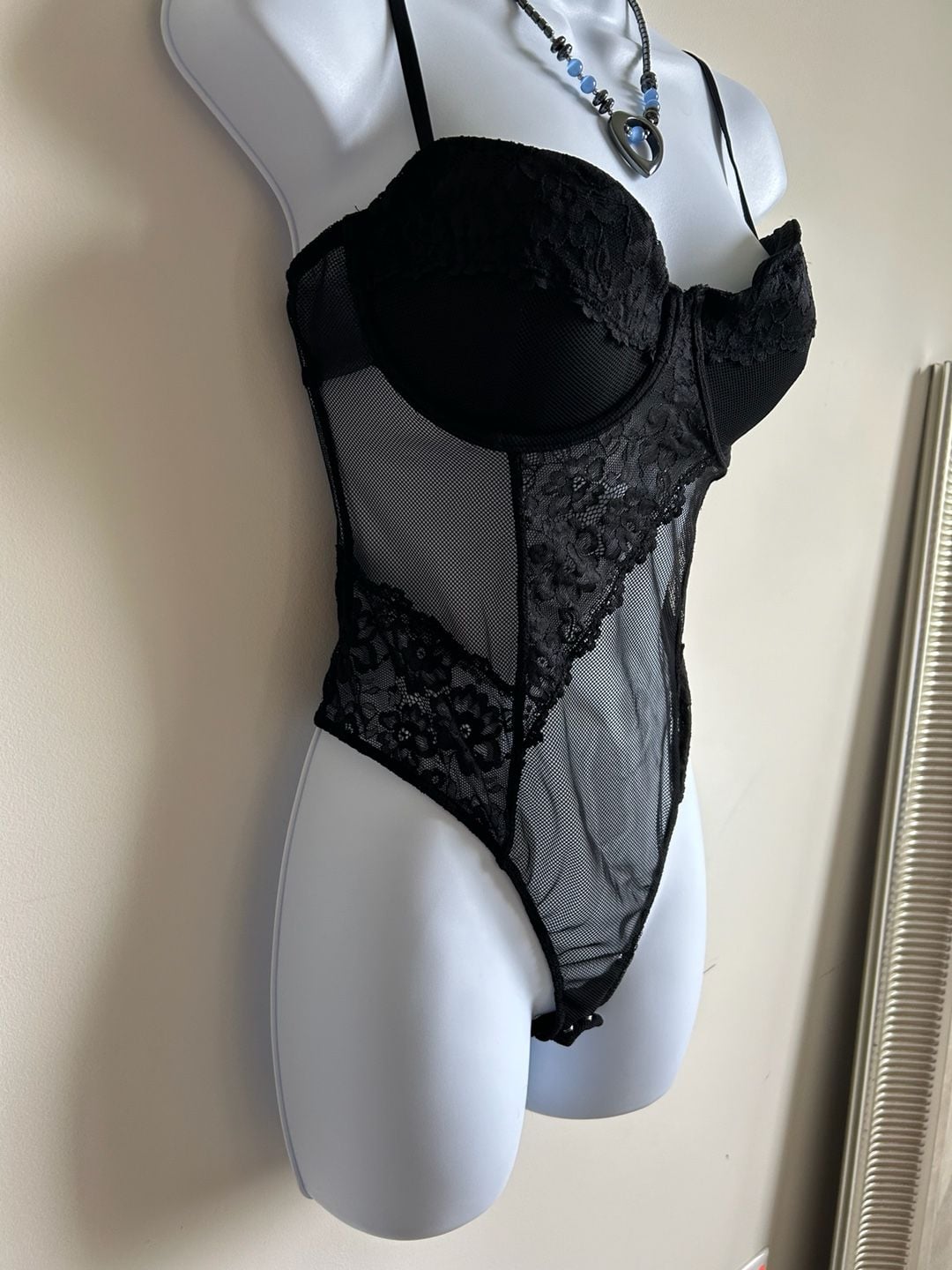 Garage Black Lace and Mesh Bodysuit with Adjustable Straps 4