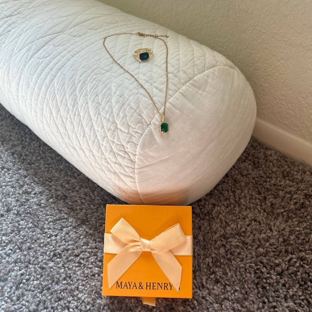 Maya & Henry Gold Tone Emerald Cut Green Gemstone Necklace and Ring Set 1
