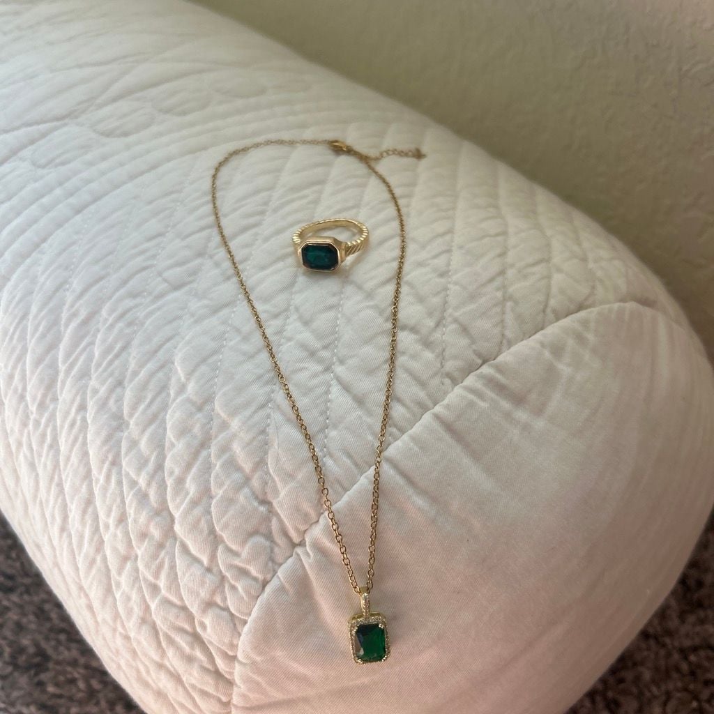 Maya & Henry Gold Tone Emerald Cut Green Gemstone Necklace and Ring Set 4