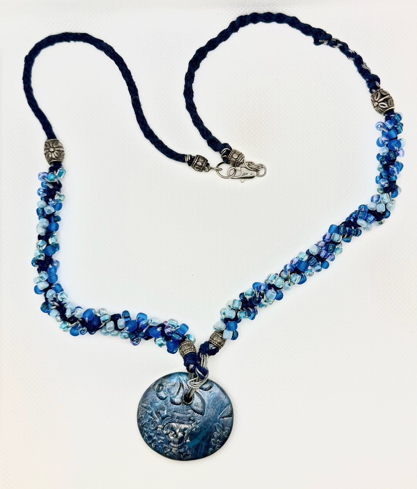 Boho Artisan Blue Seed Bead and Polymer Clay Pendant Necklace 2