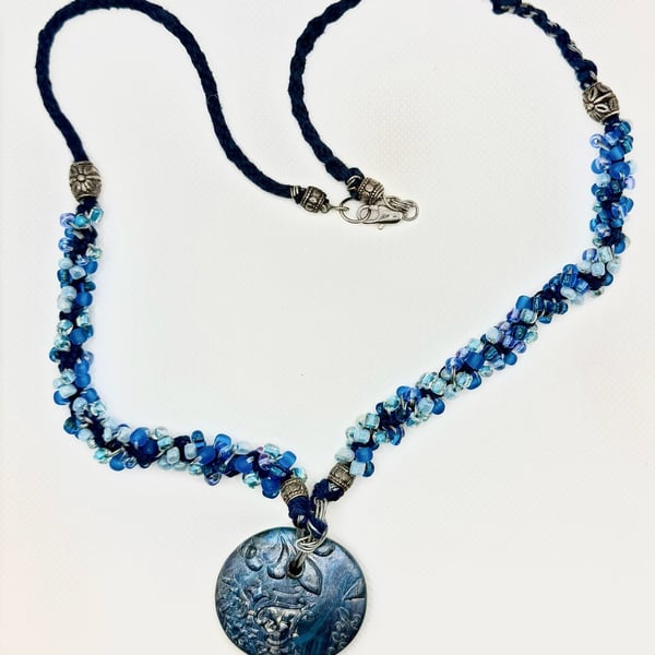 Boho Artisan Blue Seed Bead and Polymer Clay Pendant Necklace
