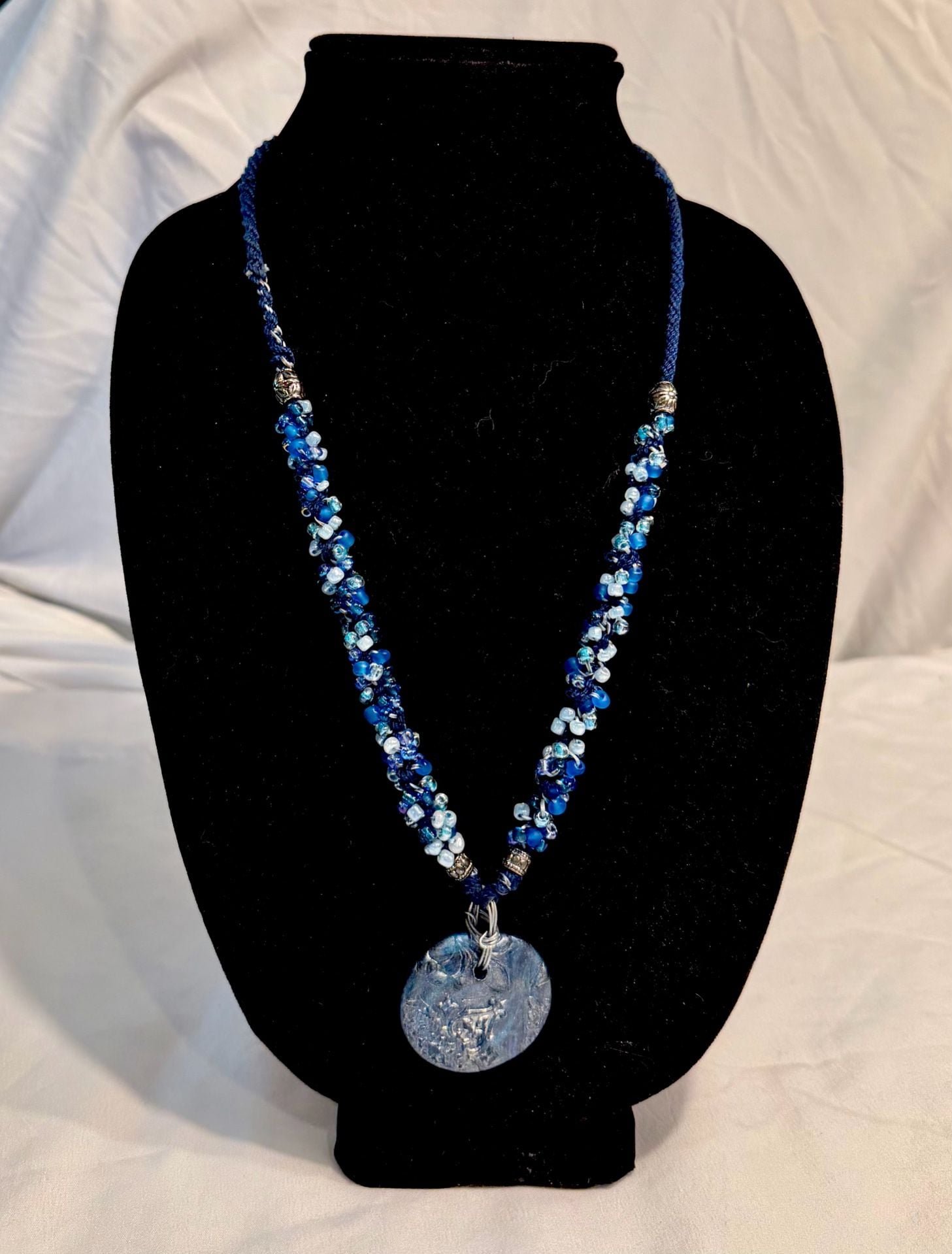 Boho Artisan Blue Seed Bead and Polymer Clay Pendant Necklace 3