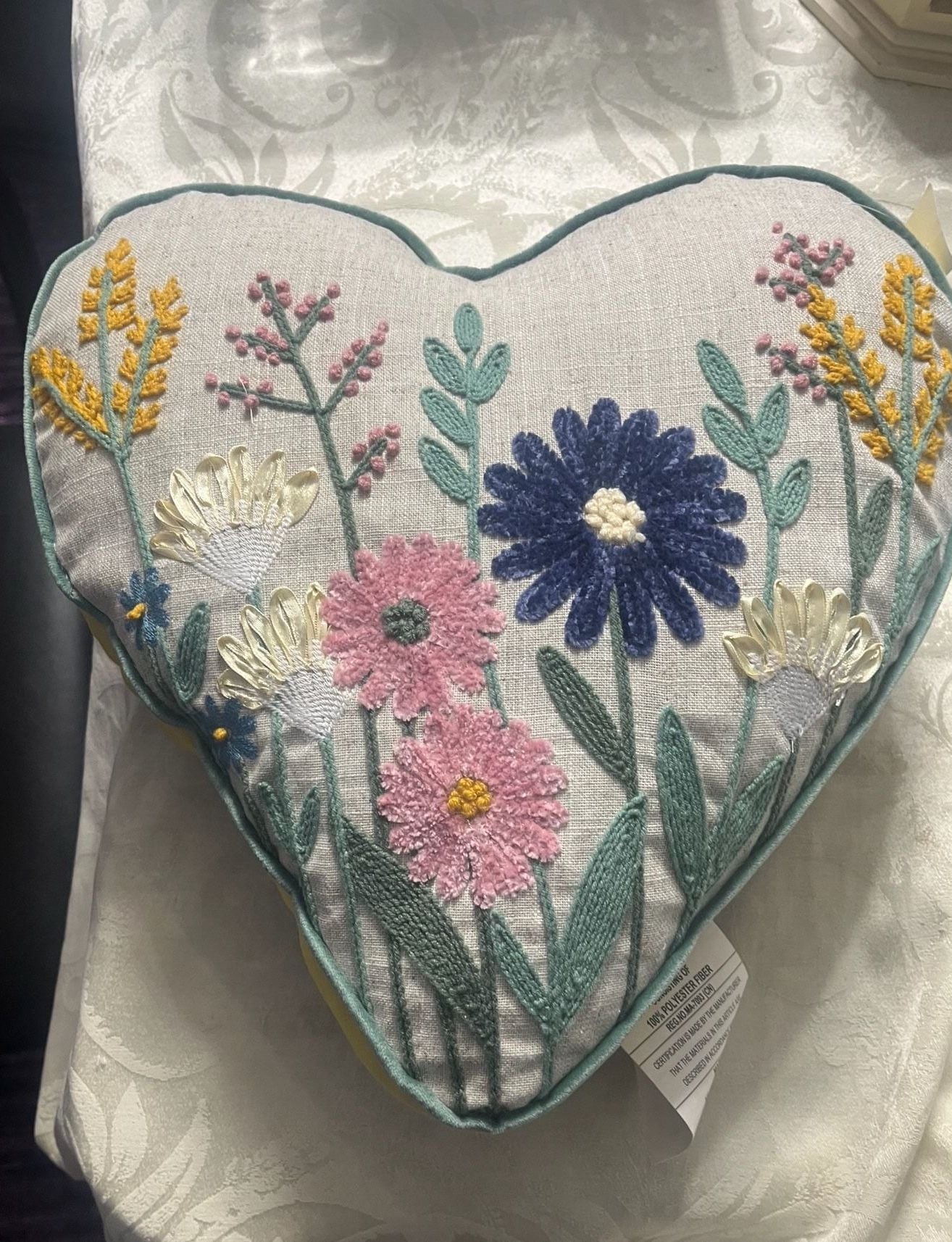 Milli Home Embroidered Floral Heart-Shaped Decorative Throw Pillow 1