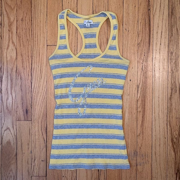 Guess Yellow and Grey Striped Racerback Tank Top with Rhinestone Logo
