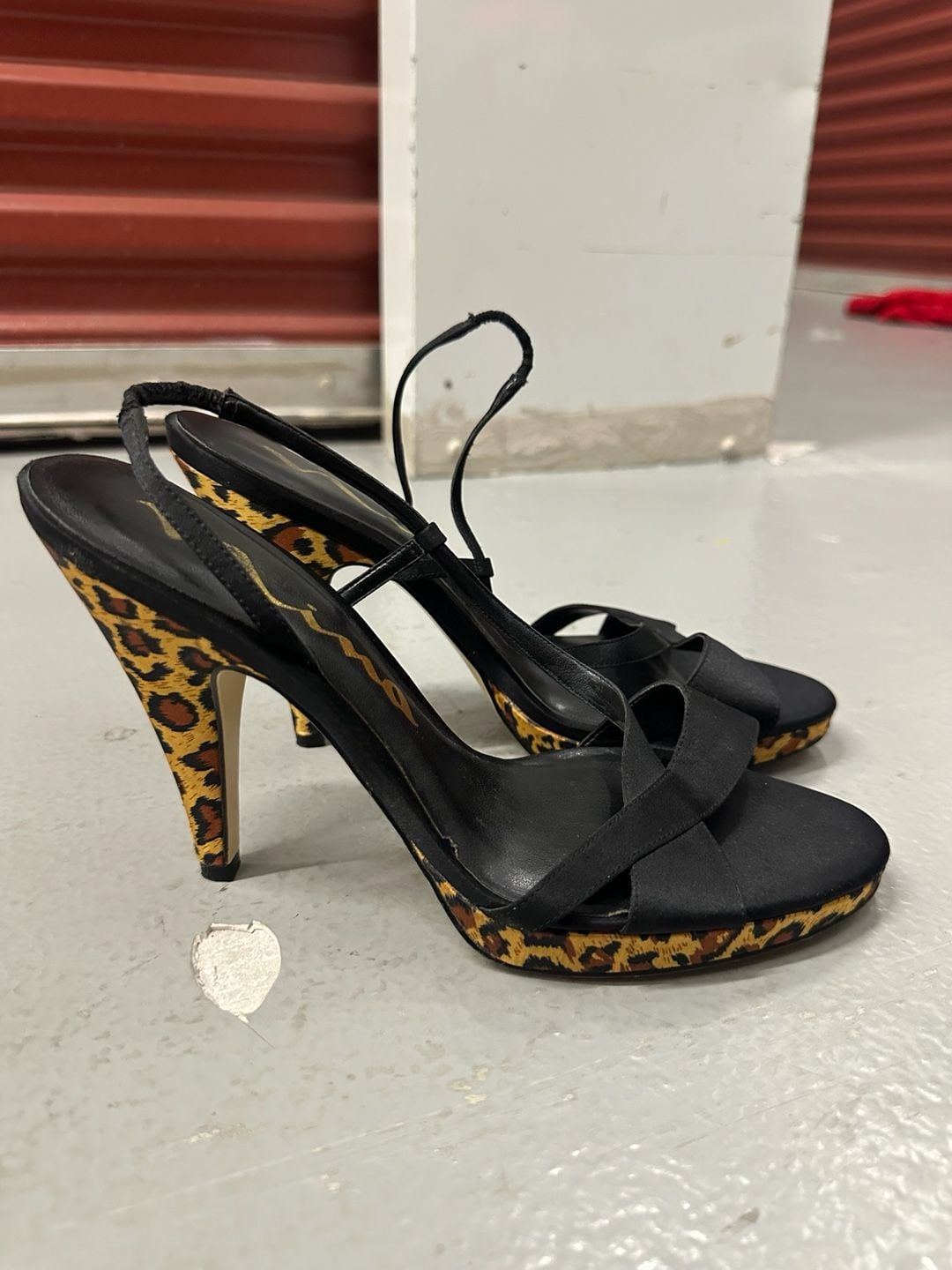 Nina Black Satin Slingback Heels with Leopard Print Platform and Stiletto 2