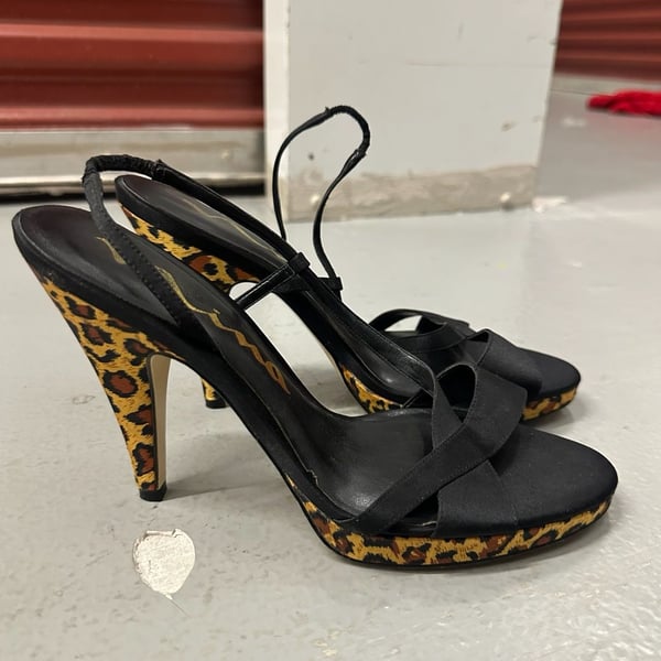 Nina Black Satin Slingback Heels with Leopard Print Platform and Stiletto