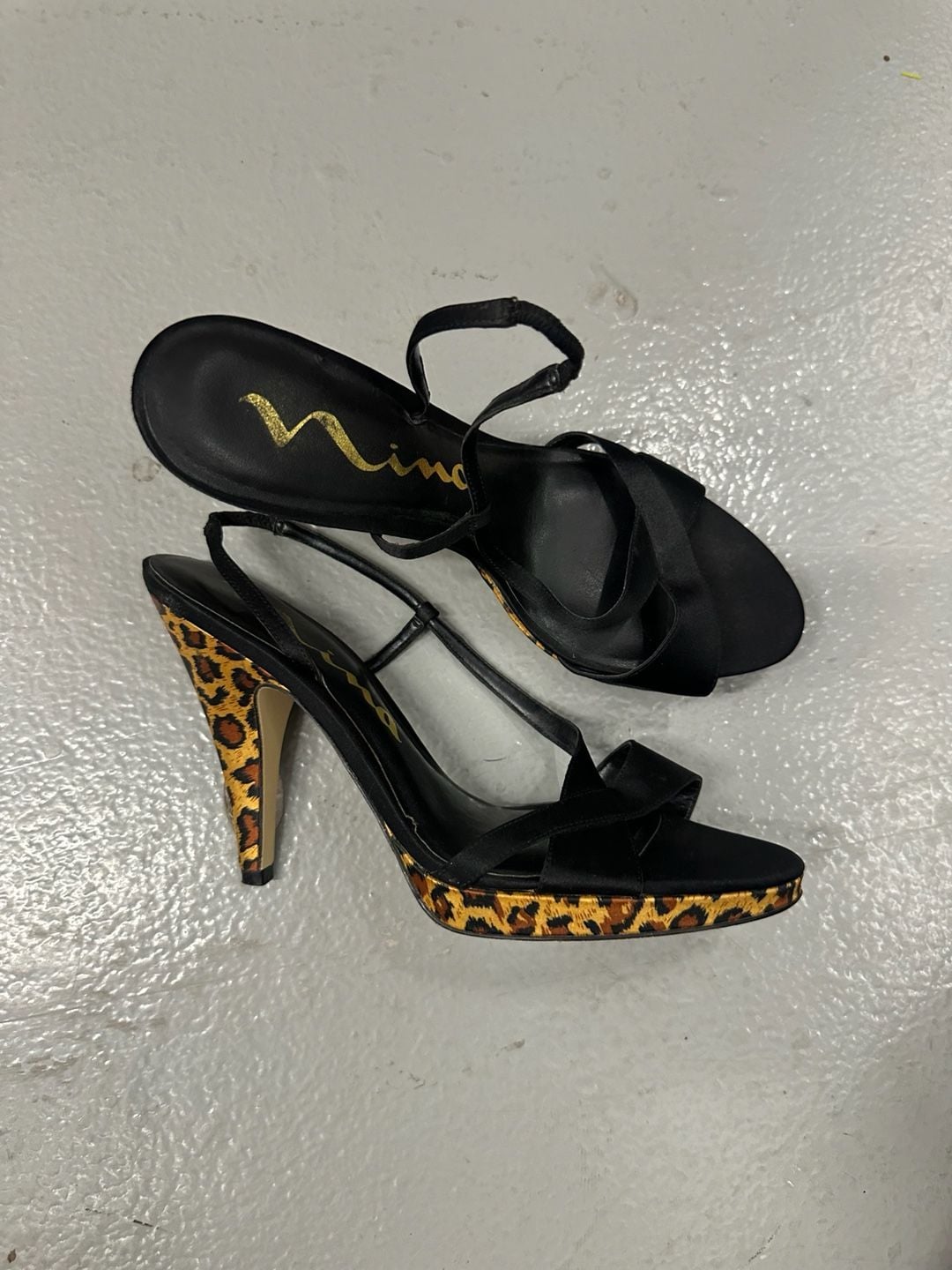 Nina Black Satin Slingback Heels with Leopard Print Platform and Stiletto 3