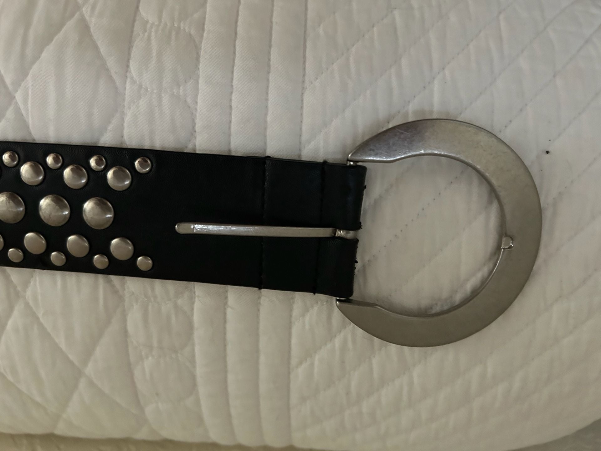Black Leather Studded Belt with Round Silver Buckle 1