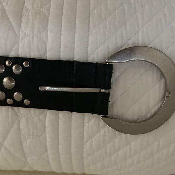 Black Leather Studded Belt with Round Silver Buckle